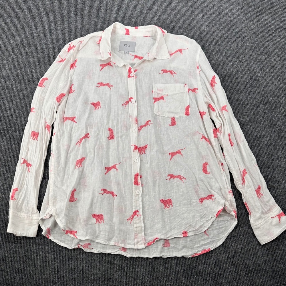 Rails Charli Rose Print Leopard Button Down Shirt M Animal Pink Linen Cotton
